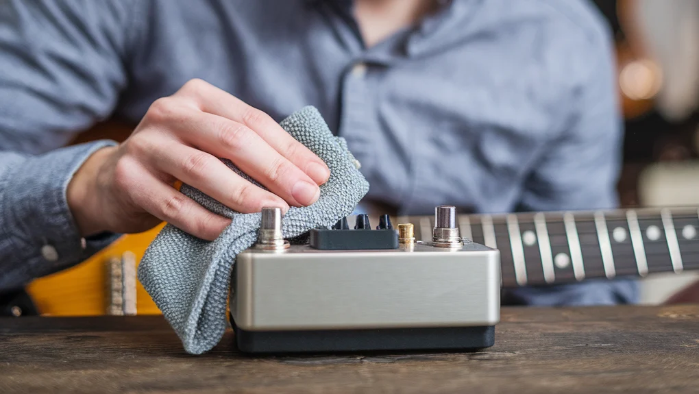 man cleaning guitar pedals